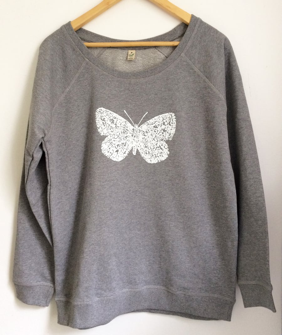 Butterfly Womens organic cotton printed sweatshirt light grey white butterfly