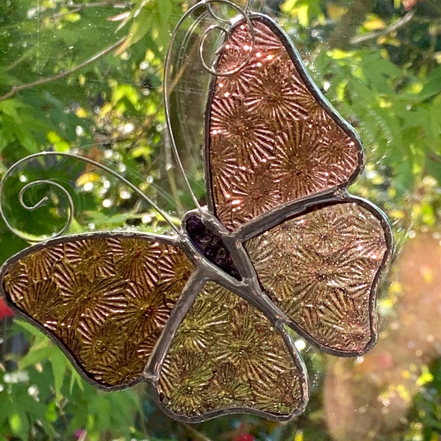 Stained Glass Butterfly Suncatcher - Handmade Decoration - Pink