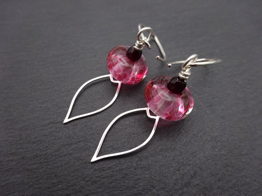 sterling silver, pink lampwork glass earrings