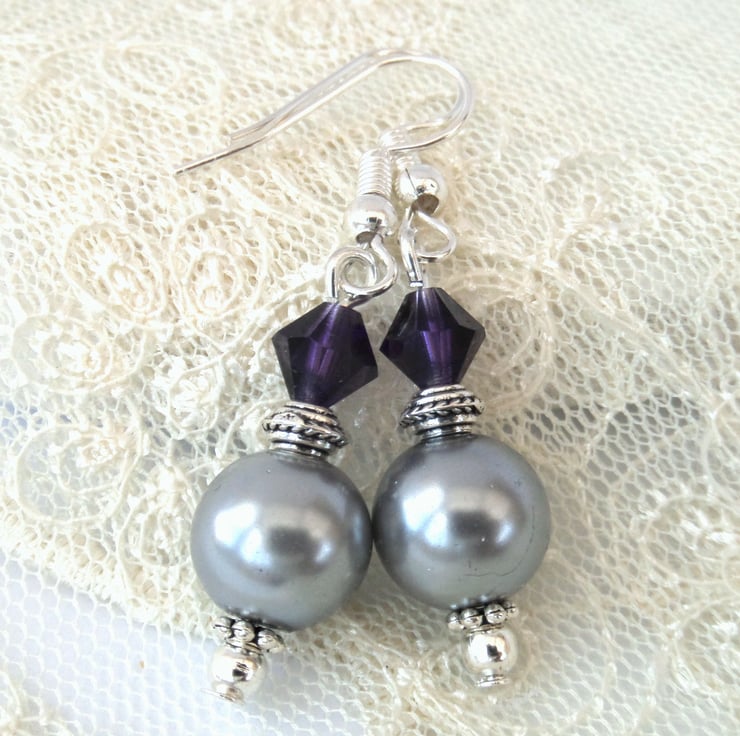 Silver shell pearl and purple crystal earrings - Folksy