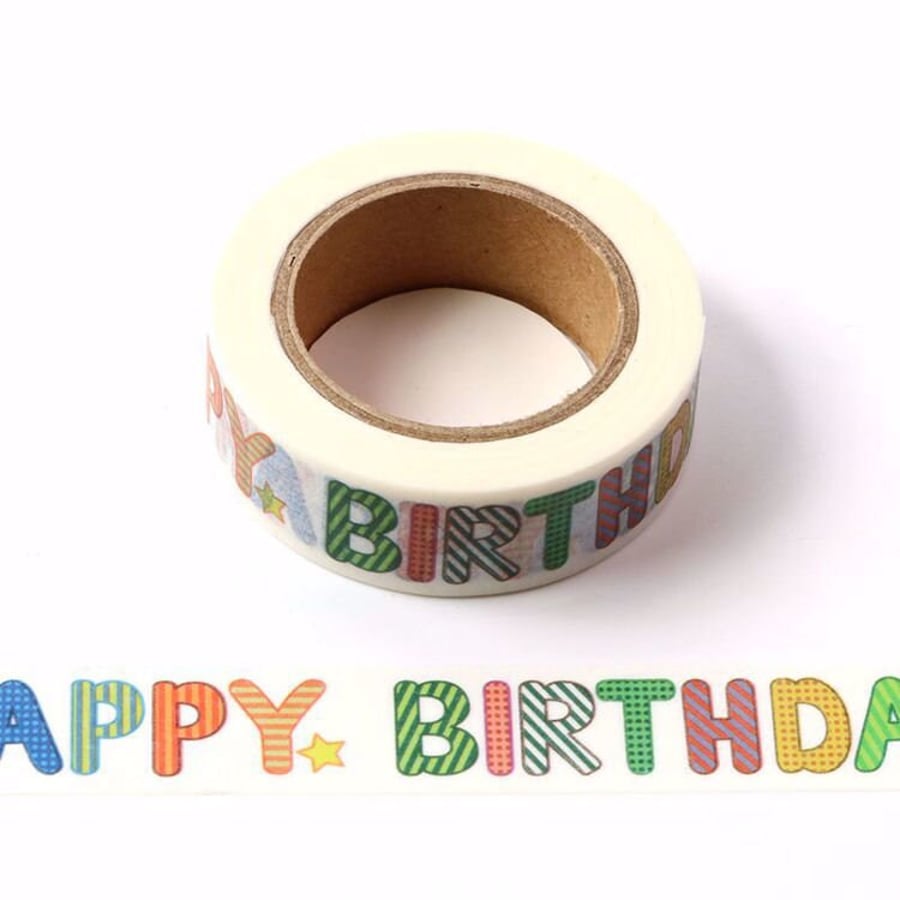 White Happy Birthday Washi Tape UK Multi Colour Letters and Gold Foil Embossing 