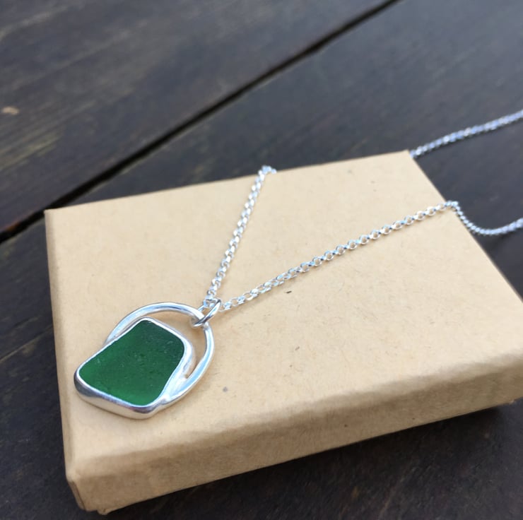 Handmade green sea glass backless fine silver pendant with silver necklace