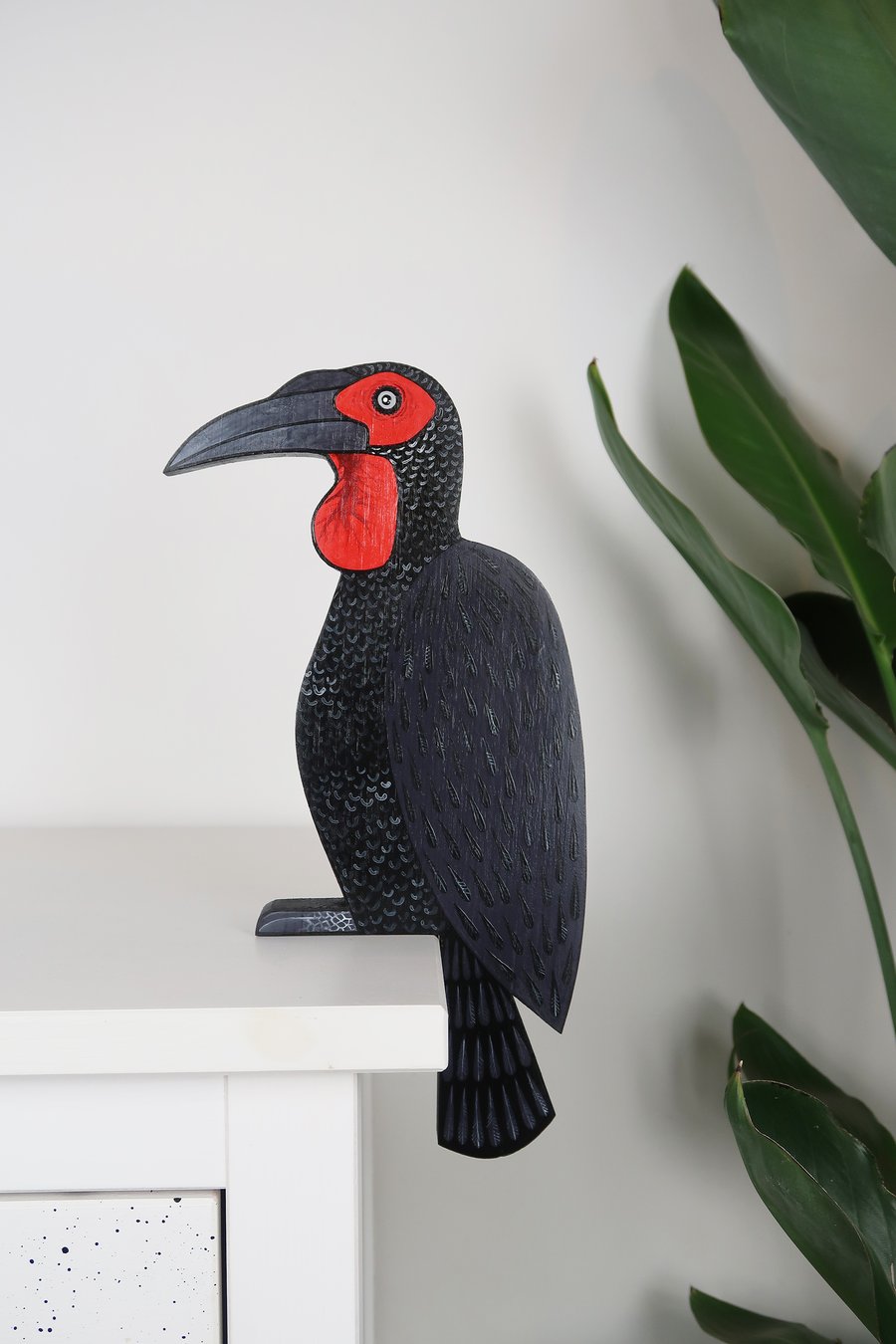 Southern ground hornbill door topper, wooden jungle bird door frame decoration.