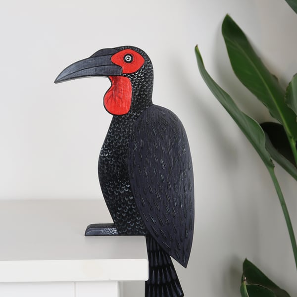 Southern ground hornbill door topper, wooden jungle bird door frame decoration.