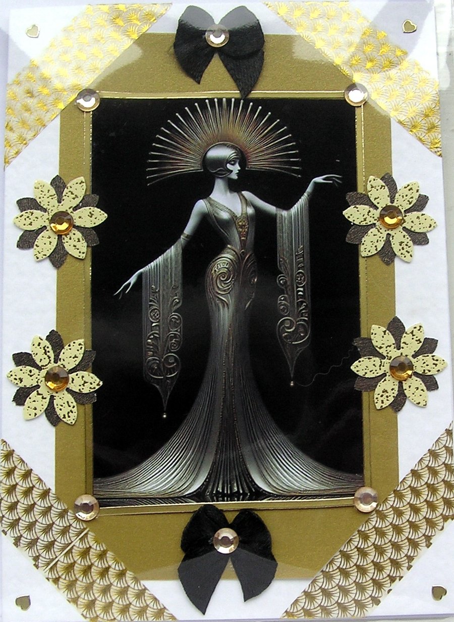 Art Deco Style Lady - Hand Crafted Decoupage Greeting Card - Blank 3117