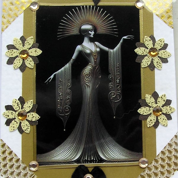 Art Deco Style Lady - Hand Crafted Decoupage Greeting Card - Blank 3117