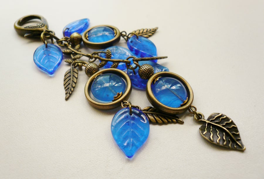 Royal Blue and Antique Bronze Leaf Handbag Charm   KCJ466