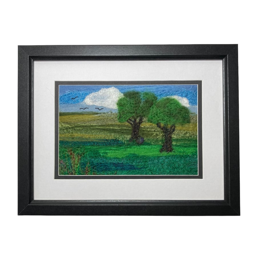 Two trees in a field, original textile art, needle felted,  8x6 framed