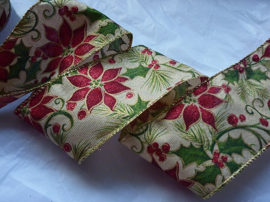 1 Metre Wire Edged Christmas Ribbon 63mm Gold Tone Poinsettia