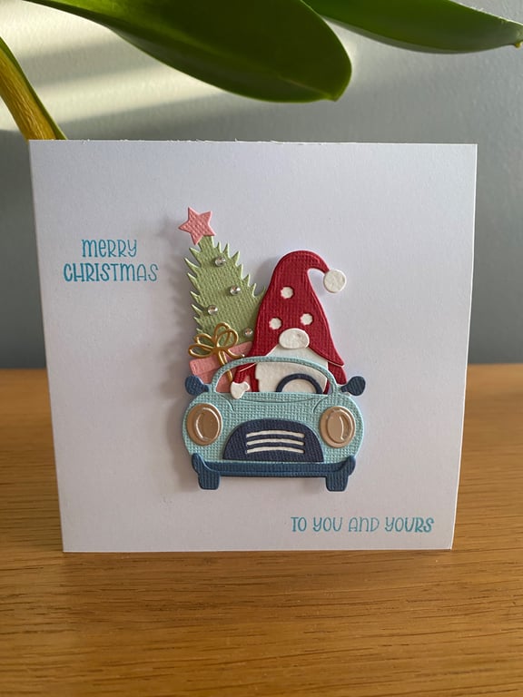 Handmade Christmas Card – Gnome Travelling Home for Christmas