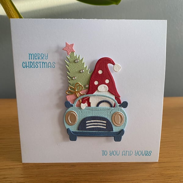Handmade Christmas Card – Gnome Travelling Home for Christmas