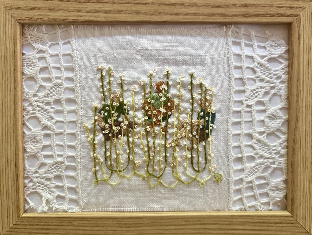 'Veiled Growth' - Hand stitched embroidery art on vintage fabric