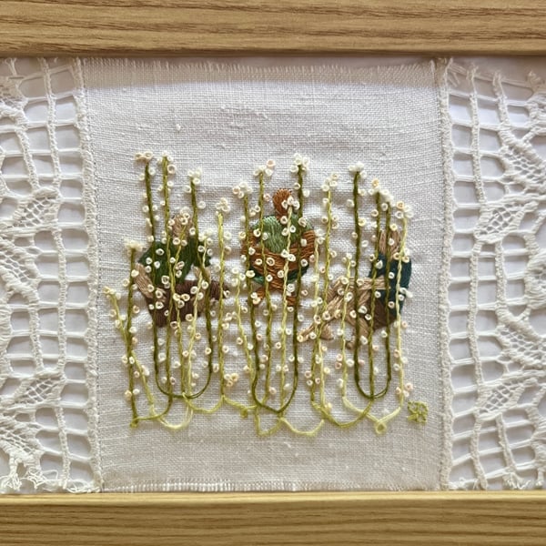 'Veiled Growth' - Hand stitched embroidery art on vintage fabric