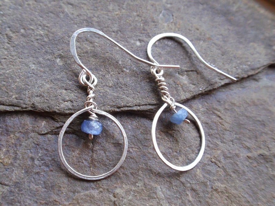 Sterling silver sapphire earrings, handmade hoop earrings 