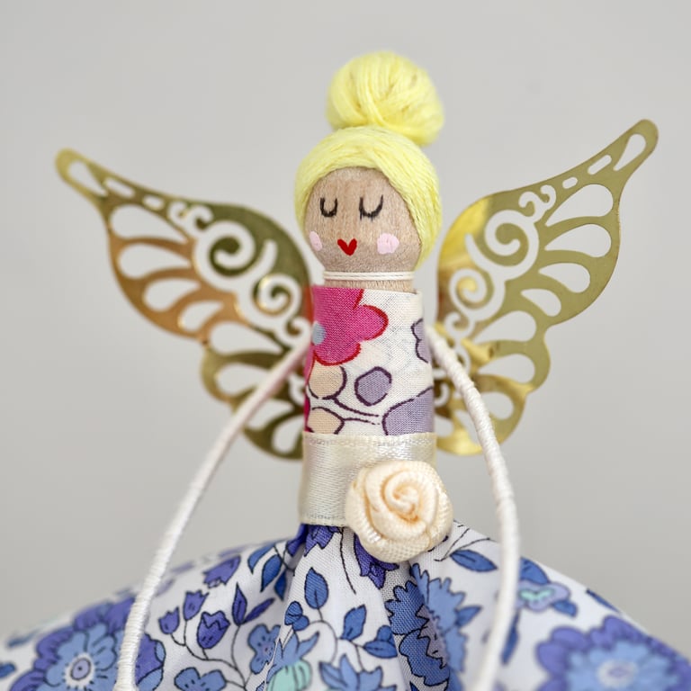 Liberty London 'D'Anjo' Fabric Handmade Peg Doll (Blonde hair)