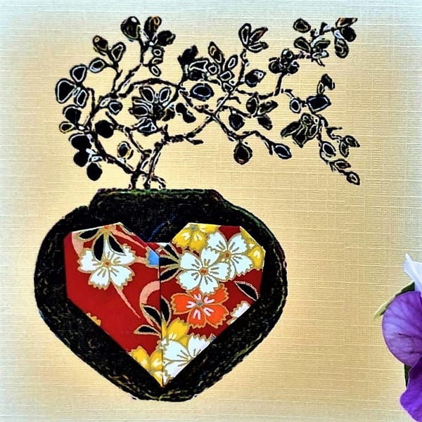 Valentine Greetings Card, handmade Origami heart on original print 'dark vase'.