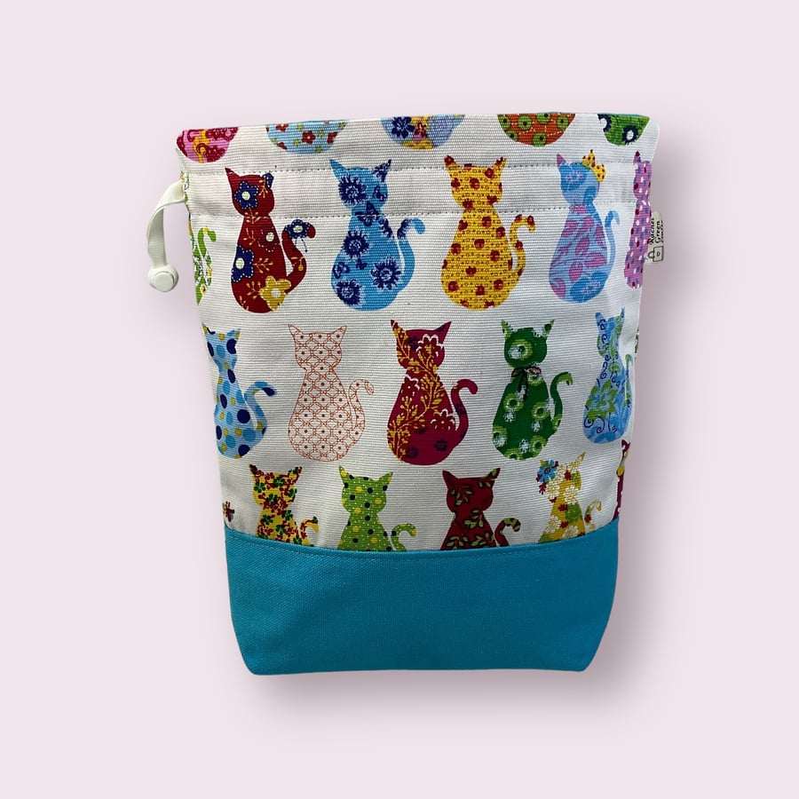 two at a time knitting bag with cats, sock sack, drawstring divided pouch, 