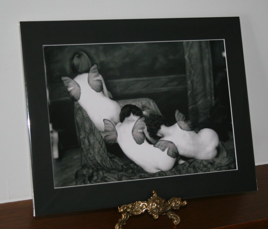 Sleeping fairies print black & white vintage with mount board surround
