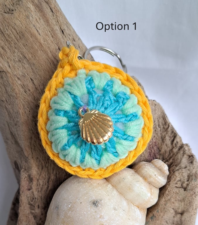 Crochet Keyring with added Starfish, Shell, Pearl