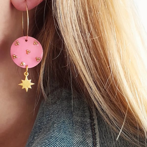 Pink Wooden Resin Hoop Earrings Boho Jewellery Gold