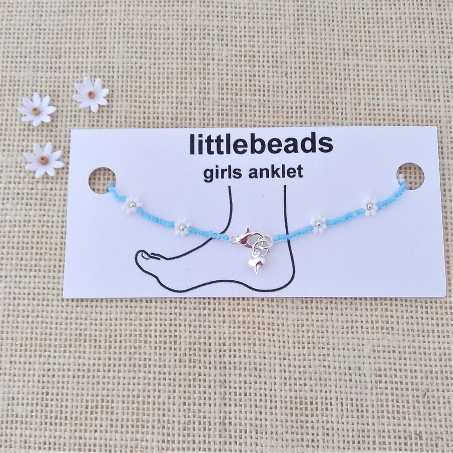 White, Blue and Silver Daisy Beaded Anklet