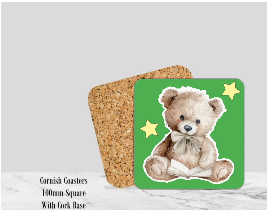 Teddy Green Coaster 4" Square With Cork Base