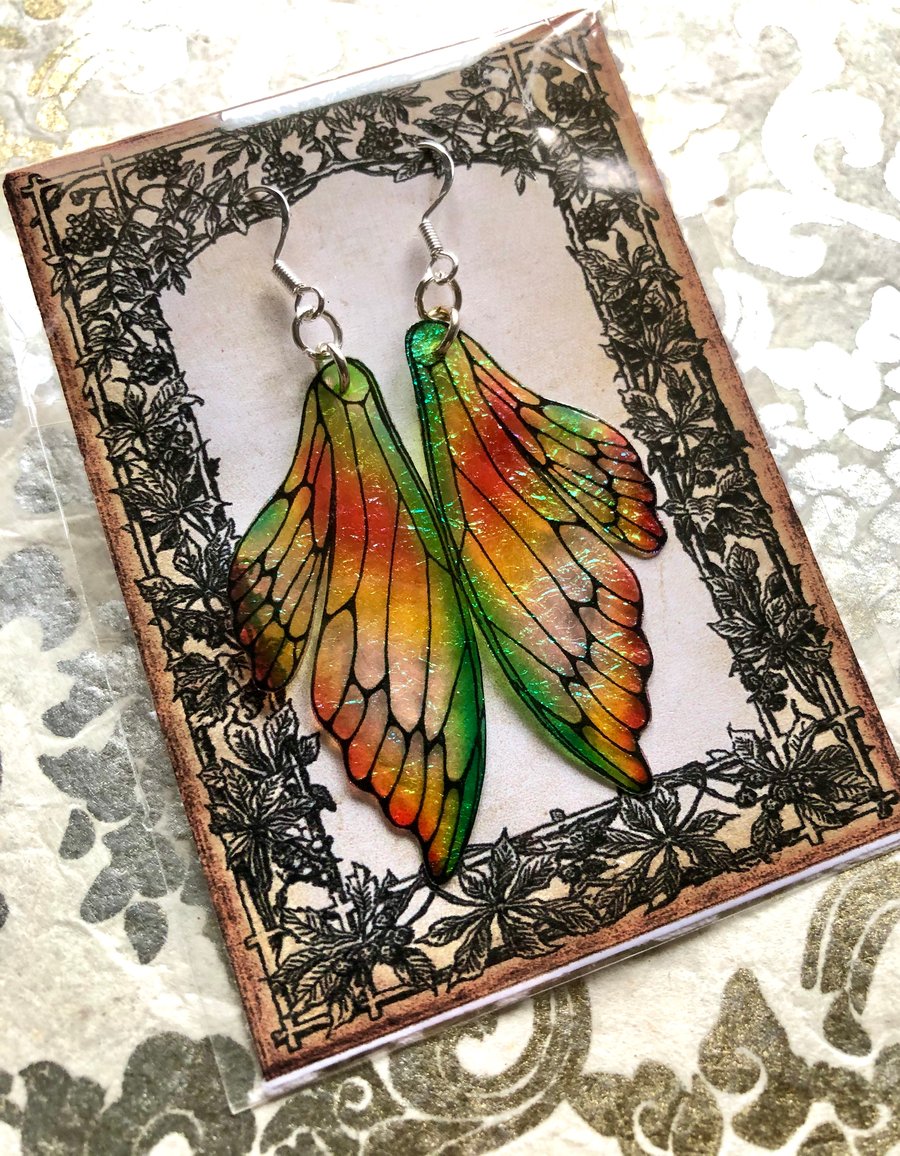 Orange and Green Iridescent Double Fairy Wing Earrings Sterling Silver