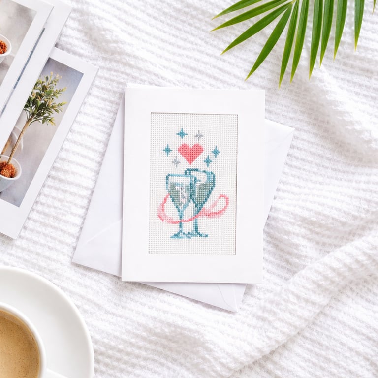Handmade Cross Stitch Champagne Card — Wedding, Anniversary, Engagement