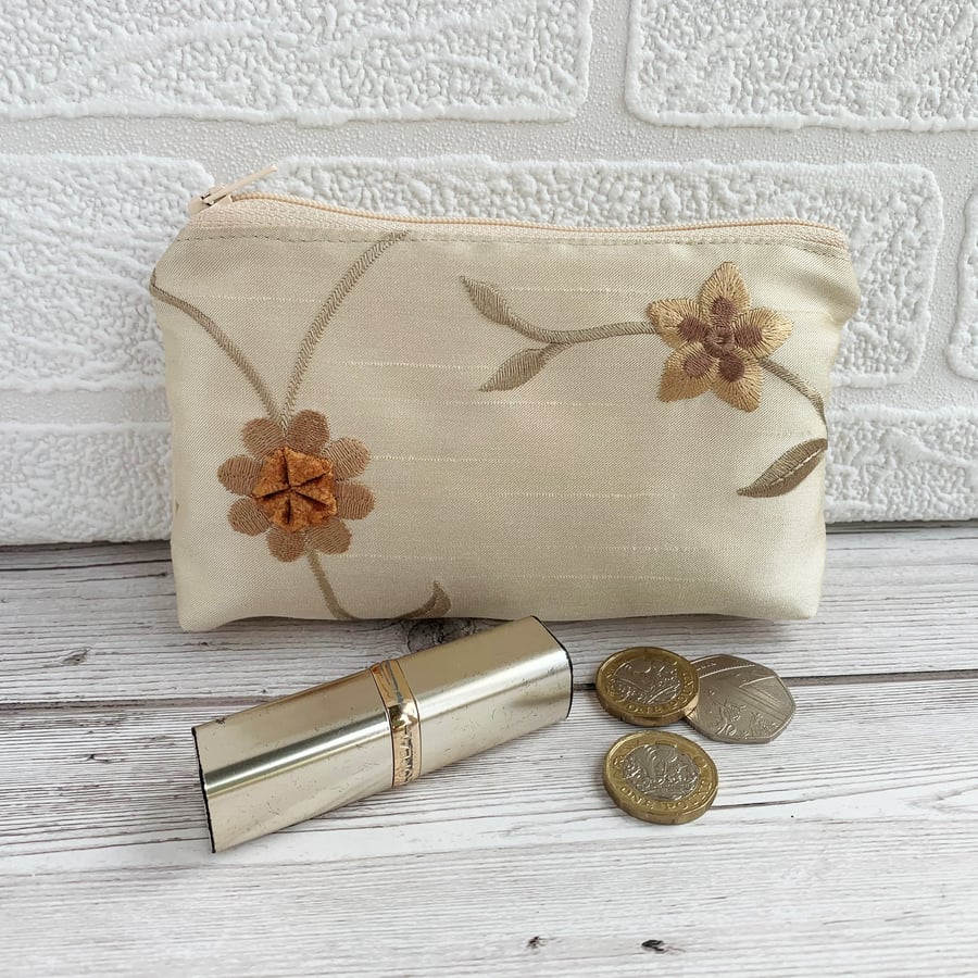 Large purse, coin purse in embroidered gold floral fabric
