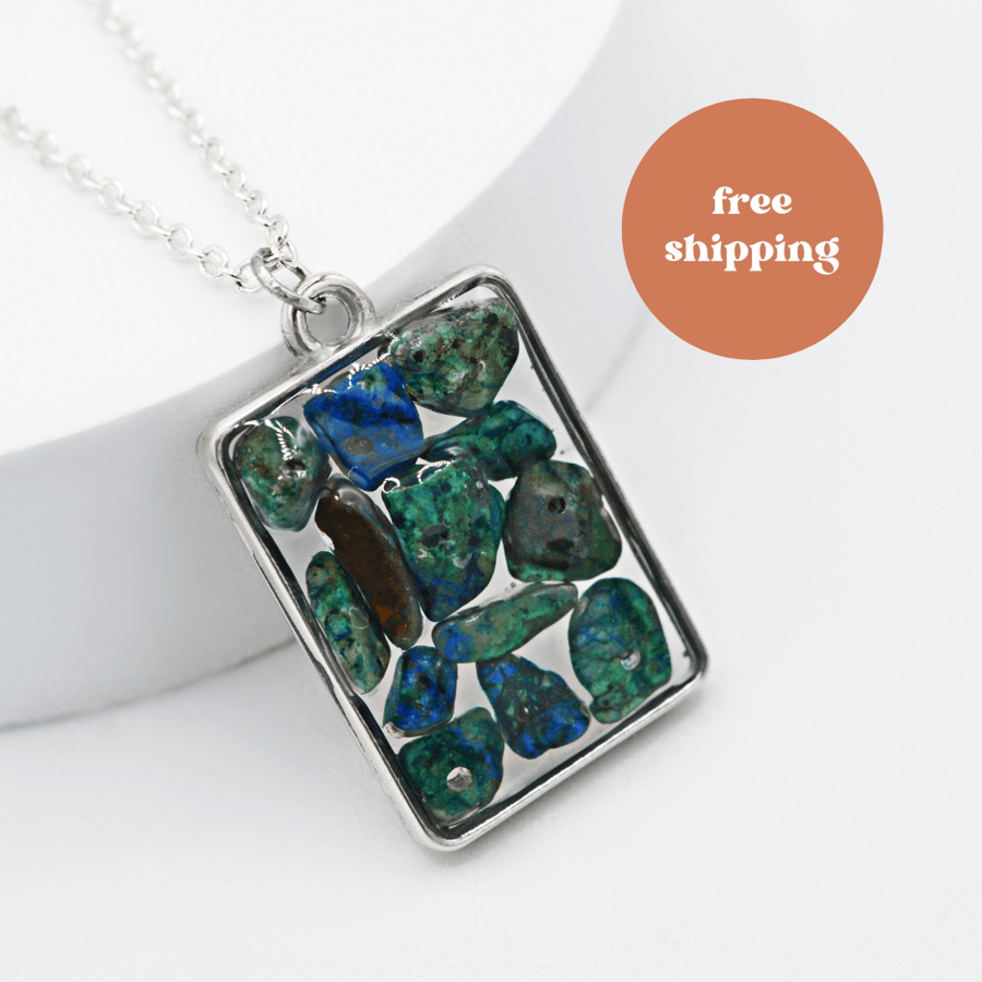Chrysocolla Silver plated Rectangle Worry Stone Necklace - Free Postage