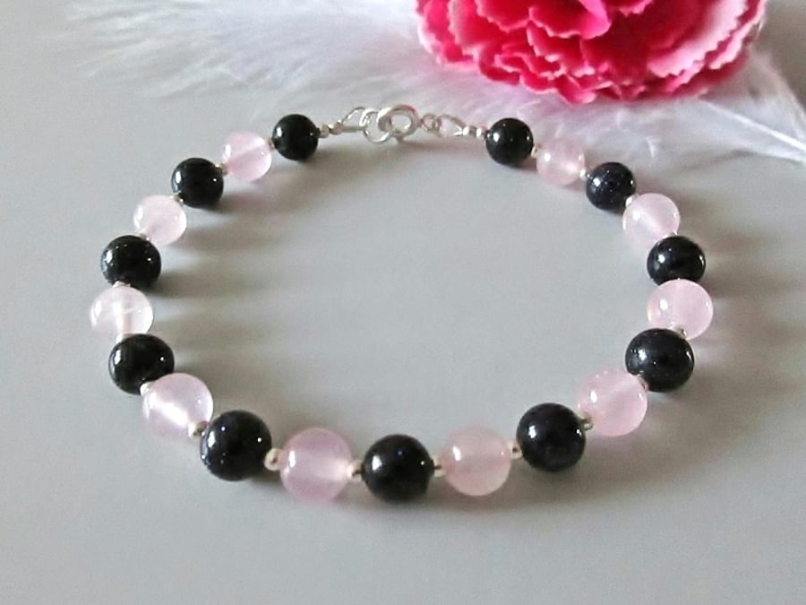 Very Dark Blue Goldstone Bracelet With Rose Quartz & Sterling Silver