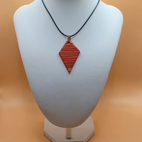 Diamond pendant polymer clay necklace with metallic stripe handmade jewellery