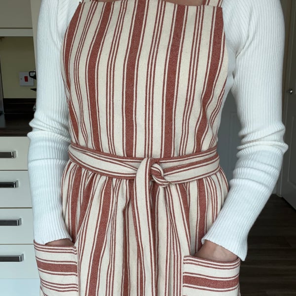 Handmade Cotton Apron, Adjustable Straps, Brown Striped with Pockets