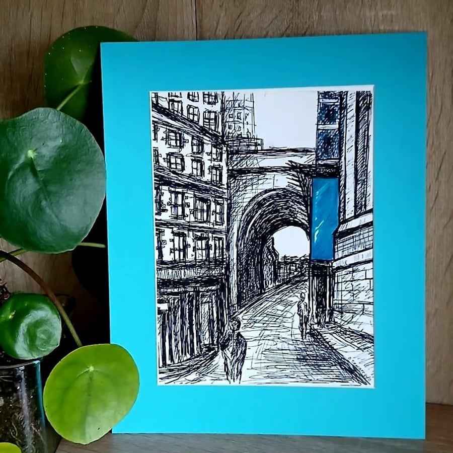 Original pen drawing, Edinburgh Old Town,on paper with turquoise cardboard mount
