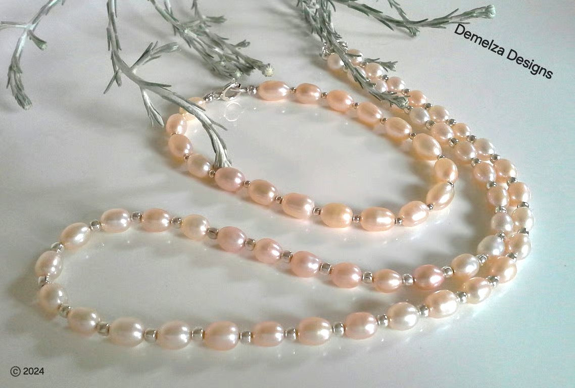 Quality Freshwater Rice Pearl Necklace, Bracelet & Earrings Sterling Silver 