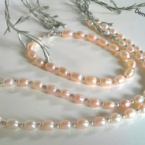 Quality Freshwater Rice Pearl Necklace, Bracelet & Earrings Sterling Silver 