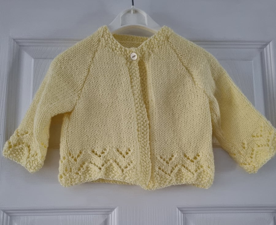 hand knitted baby girl cardigan 3-6 months , soft yellow, newborn gift