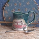Classic mini car handpainted mug teal - stoneware smaller cup mug