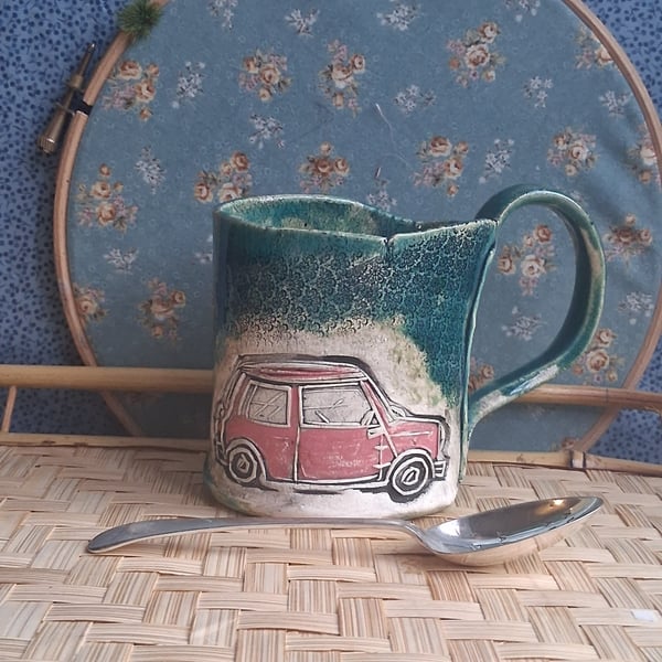 Classic mini car handpainted mug teal - stoneware smaller cup mug