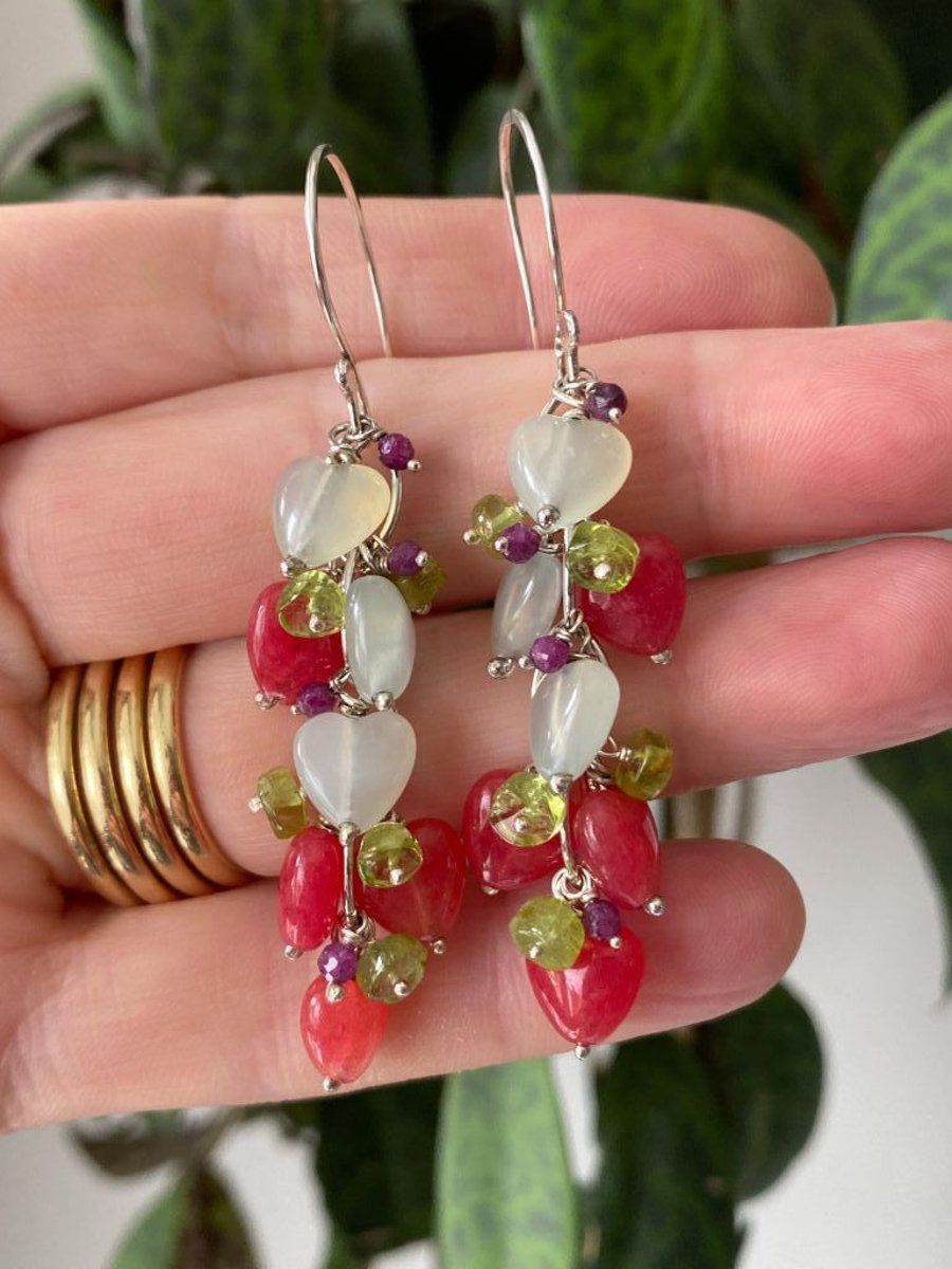 Serpentine, Peridot and Ruby Love Heart Waterfall Earrings