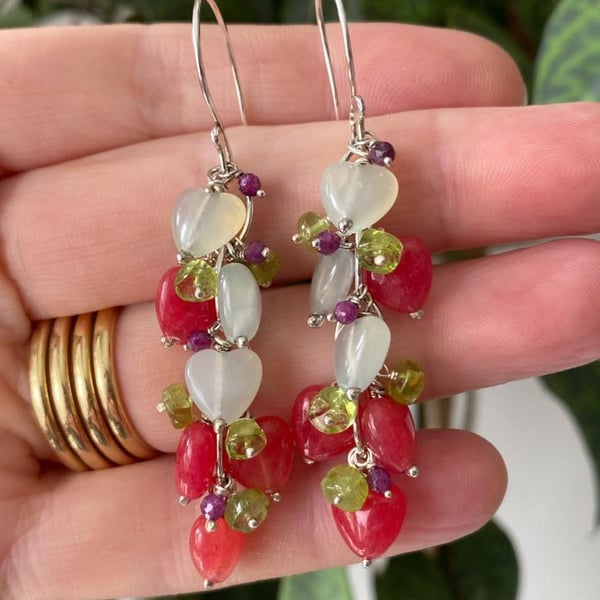 Serpentine, Peridot and Ruby Love Heart Waterfall Earrings