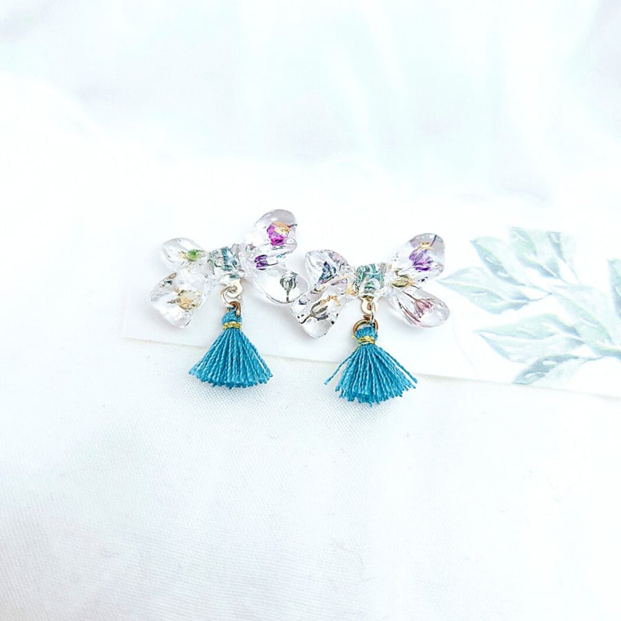 Dried flowers earrings Ribbon shape earrings Cute earrings