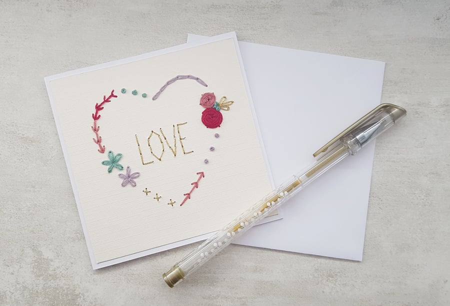 Love Heart Embroidered Card, Anniversary Keepsake Card, Wedding Card 