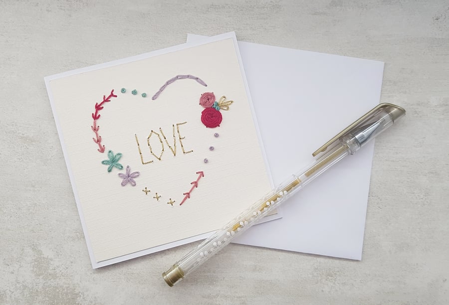Love Heart Embroidered Card, Anniversary Keepsake Card, Wedding Keepsake Card 