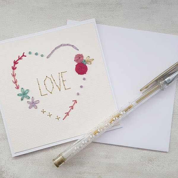 Love Heart Embroidered Card, Anniversary Keepsake Card, Wedding Card 