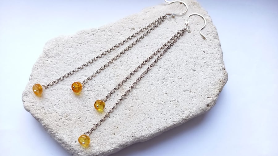 Sterling Silver Statement Chain Earrings with Amber Stones