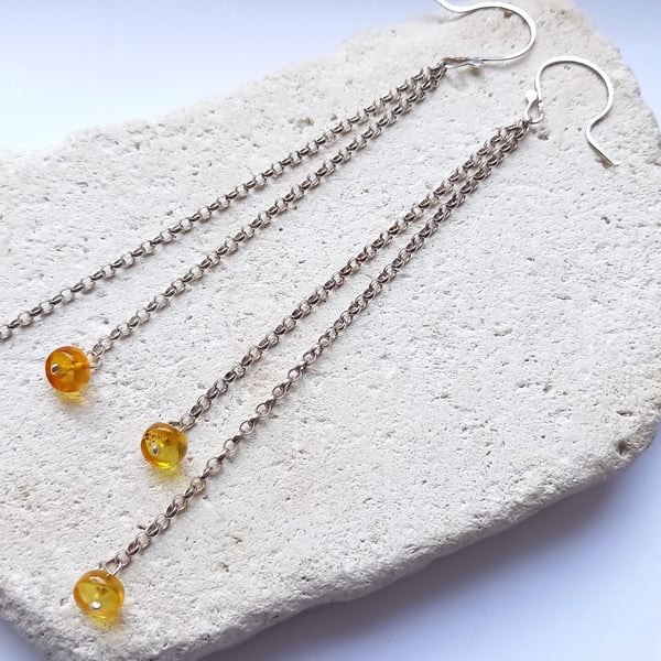 Seconds Sunday - Sterling Silver Statement Chain Earrings with Amber Stones