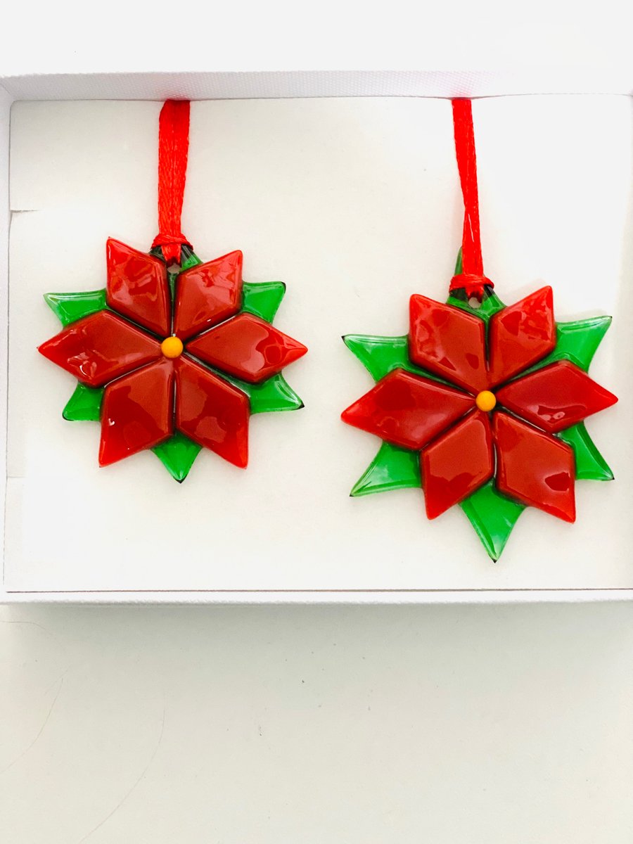 Fused glass poinsettias in white gift box 