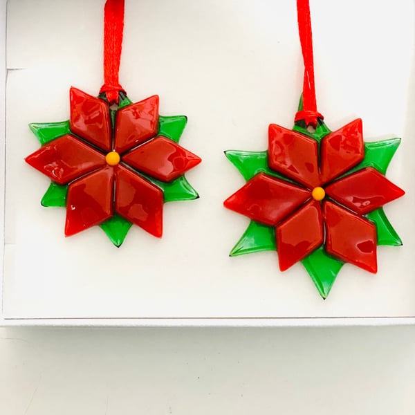 Fused glass poinsettias in white gift box 