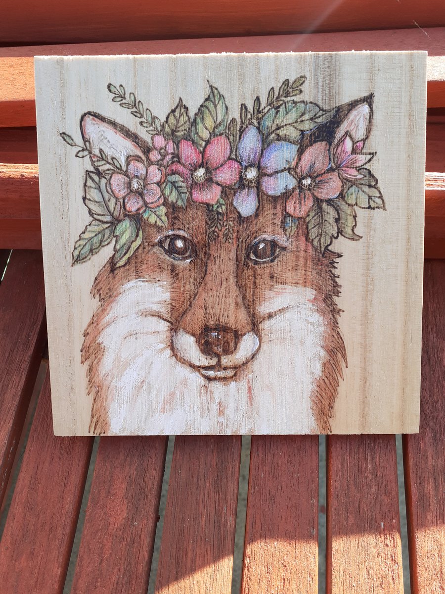 Woodburned and coloured fox artwork 